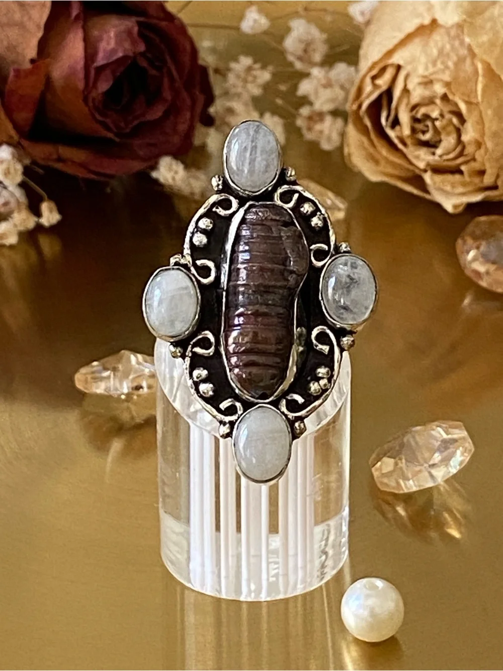 Moonstone And Biwa Pearl Ring Size 8.5